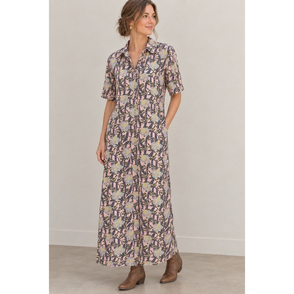 Flax Botanical Flora Maxi Dress L Button Pockets 90s Art Cottagecore Flowy VTG